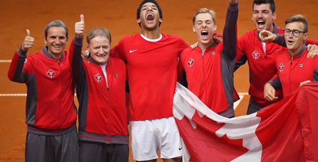 Daviscupový tím Kanady oslavuje postup do Madridu